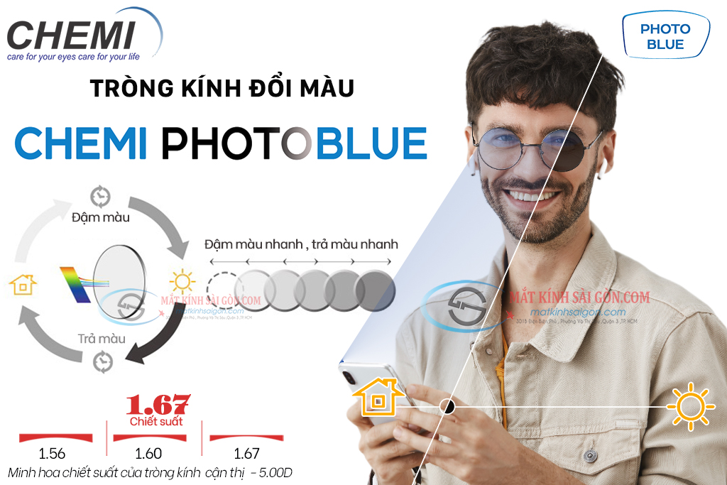 TRÒNG KÍNH ĐỔI MÀU 1.67 CHEMI PHOTO BLUE